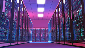 Data center server room illuminated by blue and purple lights with rows of black cabinets. Low angle view of an aisle surrounded by black cabinets with glass doors protecting servers with displays full of data, numbers, and blue blinking lights and leds. Simulation of a modern and futuristic cloud computing and data storage facility, looking like a science fiction movie.  Low angle view, camera close to the floor. Digitally generated image.