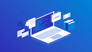 Web Development concept, programming and coding. Laptop with virtual screens on blue background. Modern isometric vector illustration.