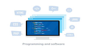 Programming, coding and software concept. Computer  with virtual screens and programs code. Flat vector illustration isolated on white background.
